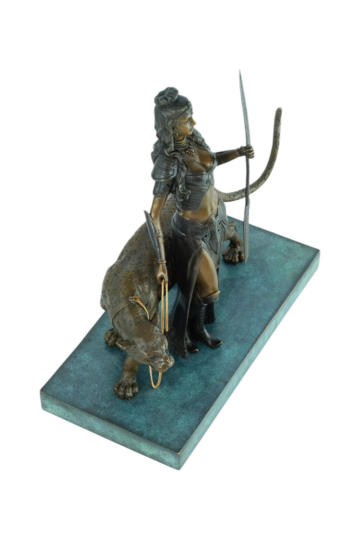 Bronze Sculpture of Cleopatra with a Panther and Spear Bronze Art Statue Cleopatra Sculpture Mythology Art Egyptian Art Sculpture Panther