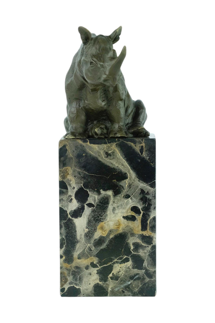 Bronze Sculpture of a Sitting Rhino on Marble Column Animal Art Statue Bronze Wildlife Sculpture Hunting Decoration Rhinoceros Sculpture