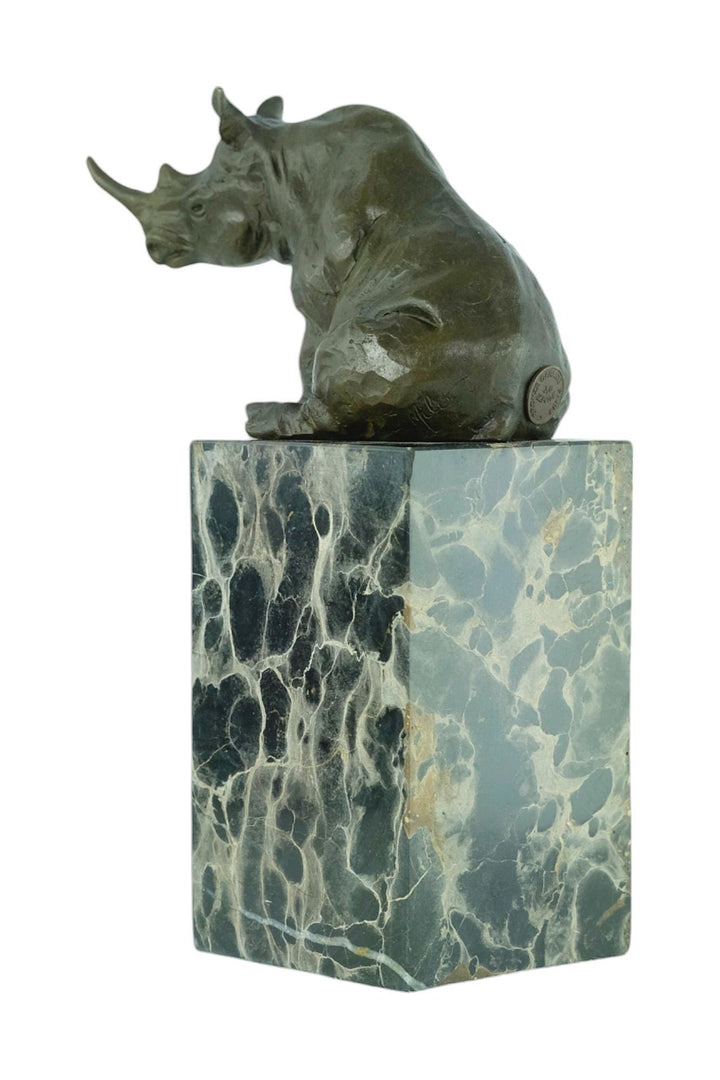 Bronze Sculpture of a Sitting Rhino on Marble Column Animal Art Statue Bronze Wildlife Sculpture Hunting Decoration Rhinoceros Sculpture