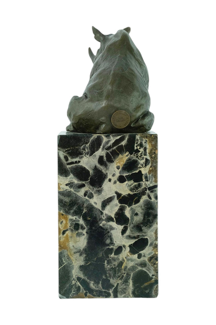 Bronze Sculpture of a Sitting Rhino on Marble Column Animal Art Statue Bronze Wildlife Sculpture Hunting Decoration Rhinoceros Sculpture