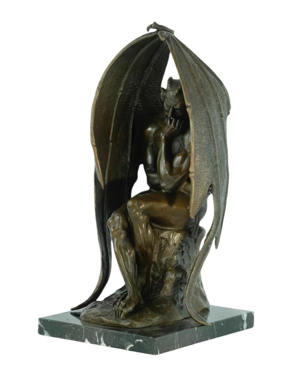 Bronze Sculpture of Pensive Satan on Marble Base Contemporary Art Statue Bronze Satan Sculpture Steampunk Decoration Mythology Sculpture