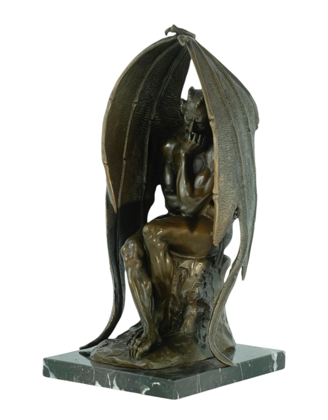 Bronze Sculpture of Pensive Satan on Marble Base Contemporary Art Statue Bronze Satan Sculpture Steampunk Decoration Mythology Sculpture
