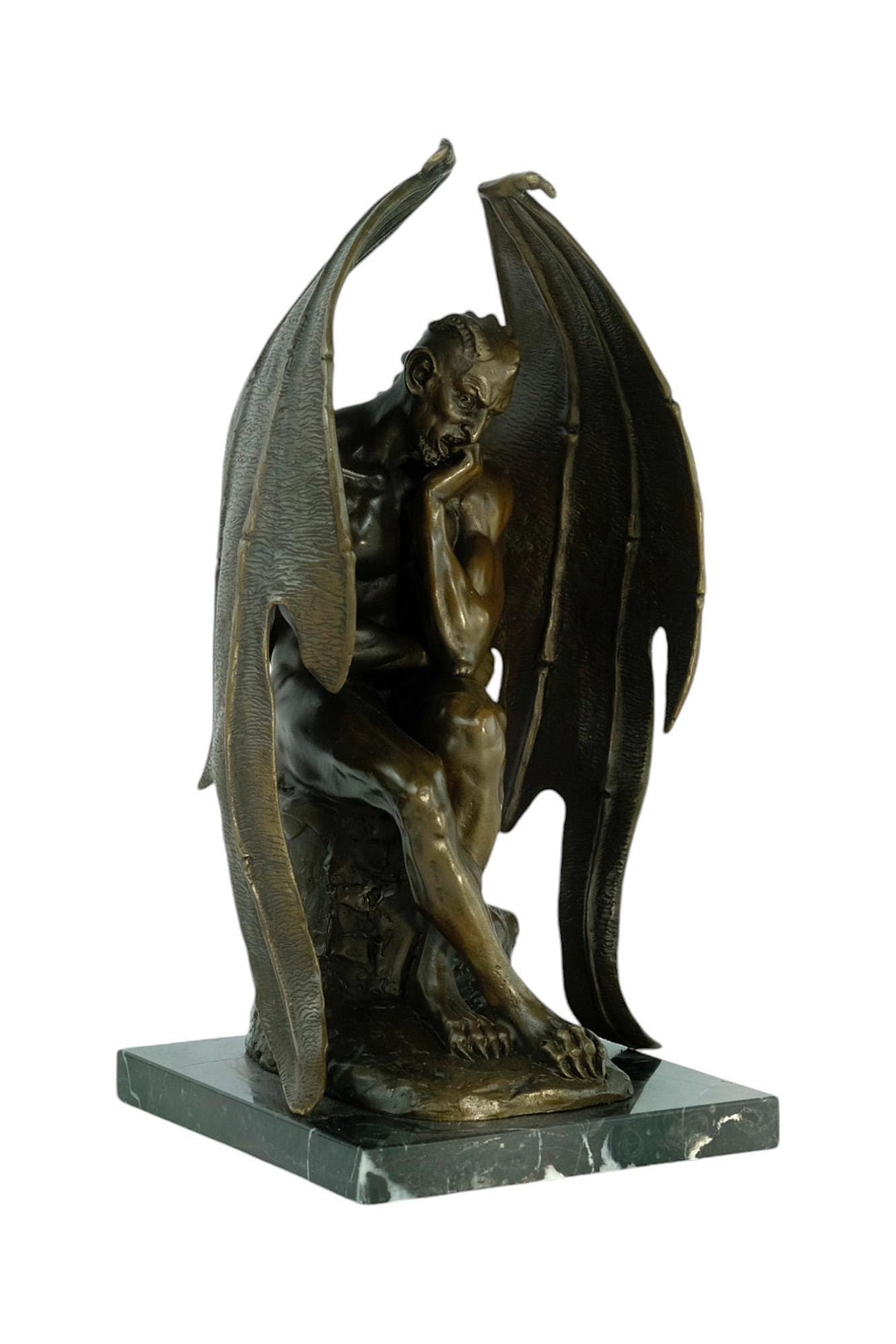 Bronze Sculpture of Pensive Satan on Marble Base Contemporary Art Statue Bronze Satan Sculpture Steampunk Decoration Mythology Sculpture