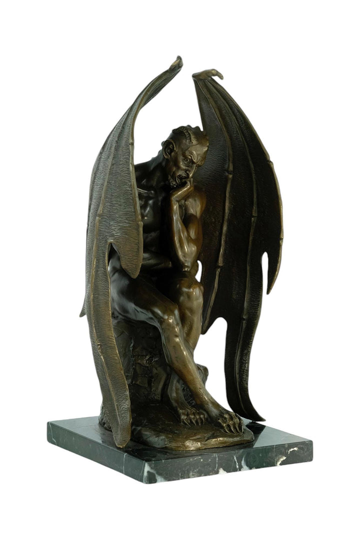 Bronze Sculpture of Pensive Satan on Marble Base Contemporary Art Statue Bronze Satan Sculpture Steampunk Decoration Mythology Sculpture