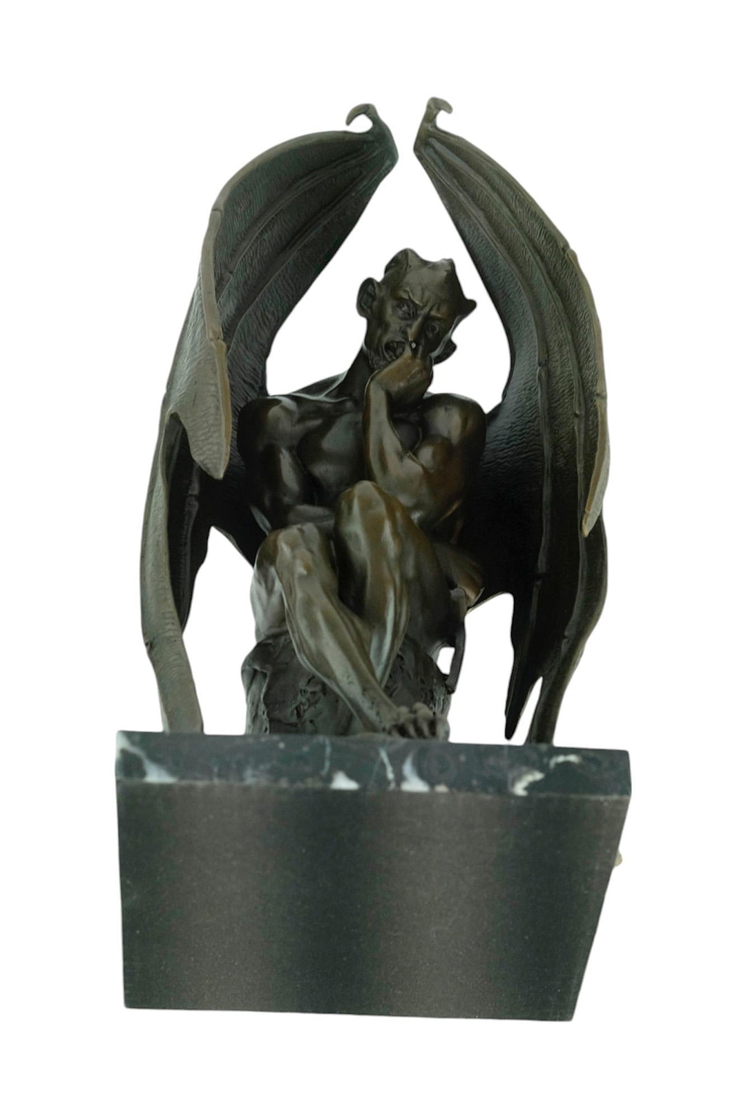 Bronze Sculpture of Pensive Satan on Marble Base Contemporary Art Statue Bronze Satan Sculpture Steampunk Decoration Mythology Sculpture
