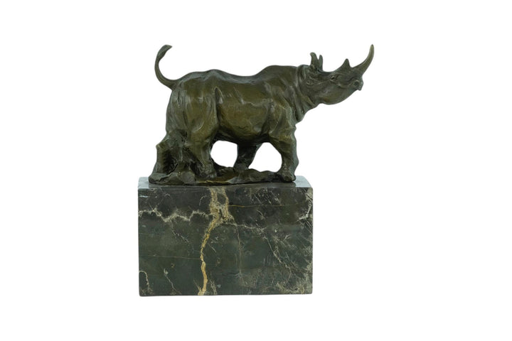Bronze Sculpture of a Rhino on Marble Base Animal Art Statue Bronze Rhino Statue Wildlife Sculpture African Animal Decoration Hunting Statue