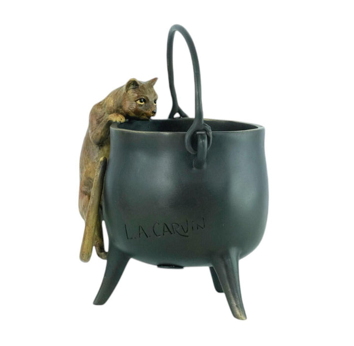 Bronze Sculpture of a Curious Cat Climbing into a Cauldron in Vienna Bronze Style Cat Lovers Gift Bronze Cat Statue Viennese Bronzes Art