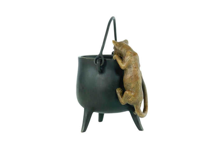 Bronze Sculpture of a Curious Cat Climbing into a Cauldron in Vienna Bronze Style Cat Lovers Gift Bronze Cat Statue Viennese Bronzes Art
