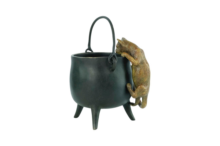 Bronze Sculpture of a Curious Cat Climbing into a Cauldron in Vienna Bronze Style Cat Lovers Gift Bronze Cat Statue Viennese Bronzes Art
