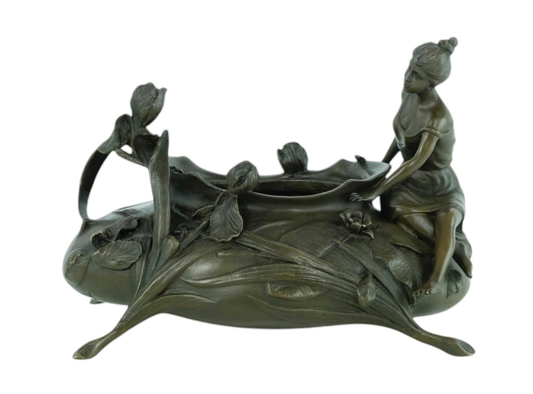 Bronze Planter with Female and Floral Decoration in Art Nouveau Style Bronze Videpoche French Decoration Bronze Planter Jugendstil Style Art