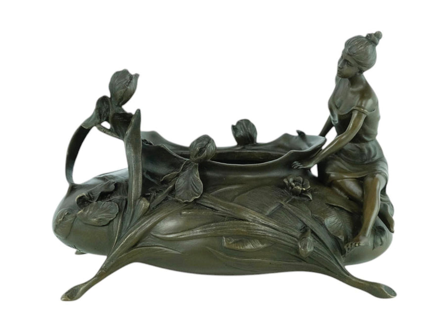 Bronze Planter with Female and Floral Decoration in Art Nouveau Style Bronze Videpoche French Decoration Bronze Planter Jugendstil Style Art