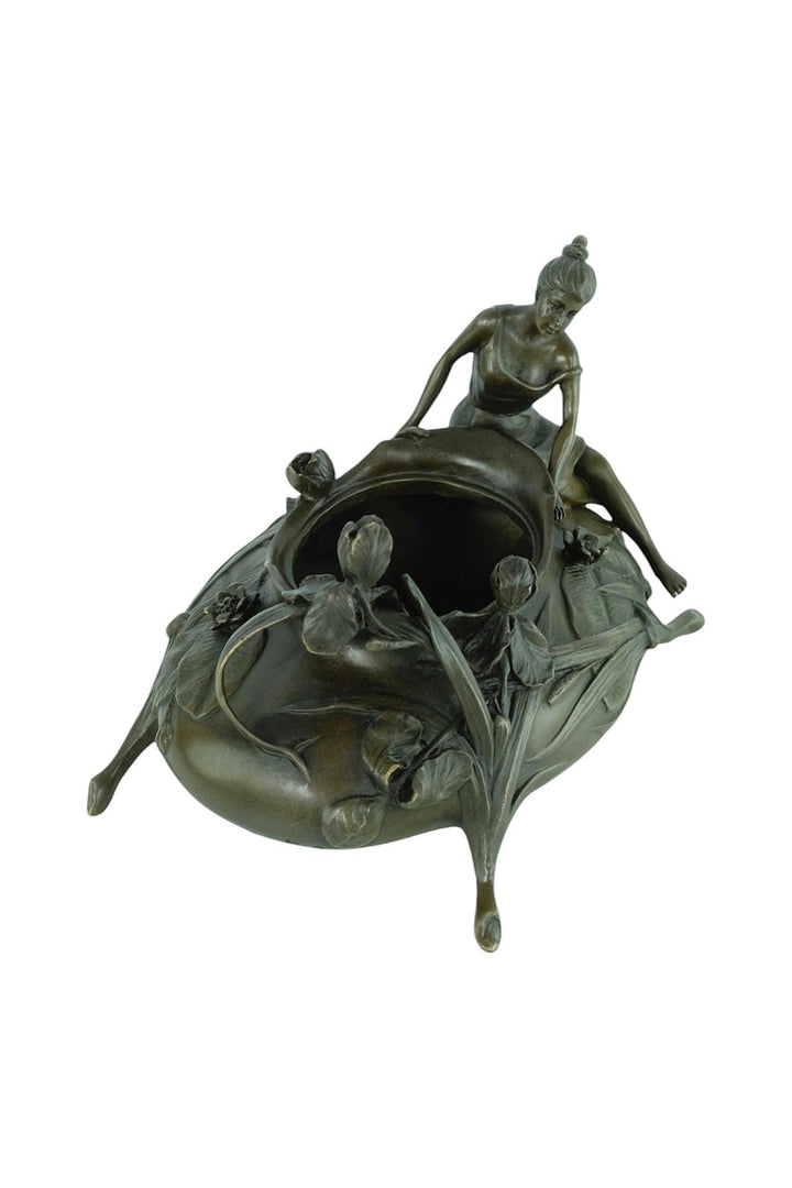 Bronze Planter with Female and Floral Decoration in Art Nouveau Style Bronze Videpoche French Decoration Bronze Planter Jugendstil Style Art