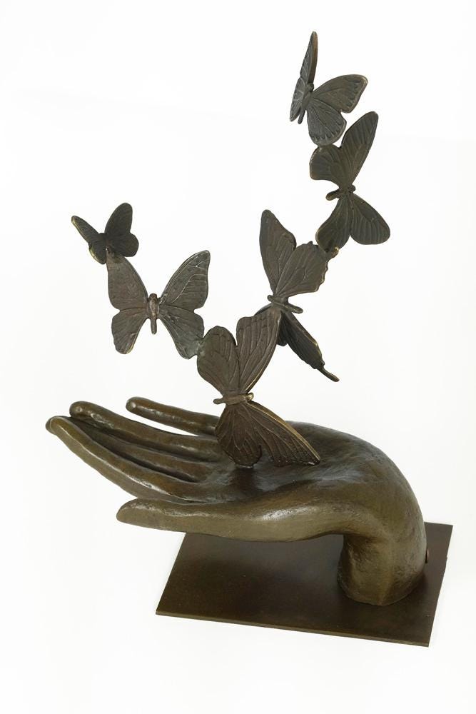 Bronze Sculpture of Hand Releasing Butterflies Modern Art Statue Bronze Freedom Sculpture Butterfly Figurine Contemporary Art Statue Animal