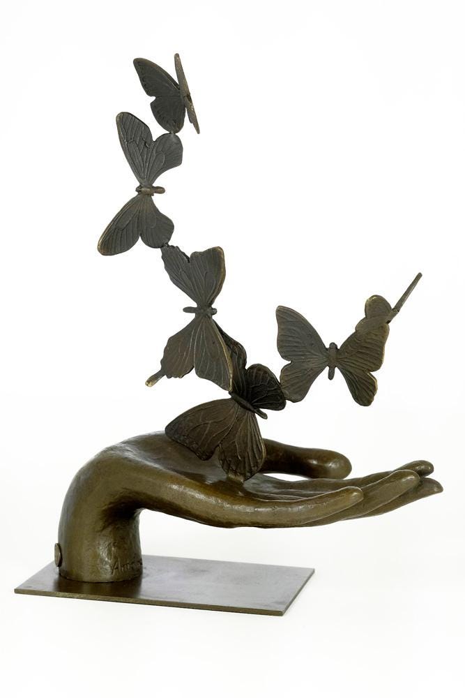 Bronze Sculpture of Hand Releasing Butterflies Modern Art Statue Bronze Freedom Sculpture Butterfly Figurine Contemporary Art Statue Animal