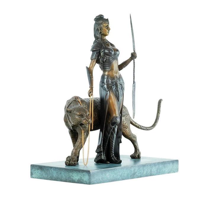 Bronze Sculpture of Cleopatra with a Panther and Spear Bronze Art Statue Cleopatra Sculpture Mythology Art Egyptian Art Sculpture Panther
