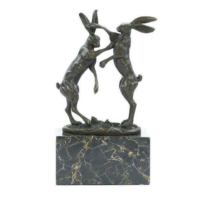 Bronze Sculpture of Two Boxing Hares Bronze Animal Art Figurine Fighting Hares Statue Hunting Collectable Animal Decoration Bunnies Art