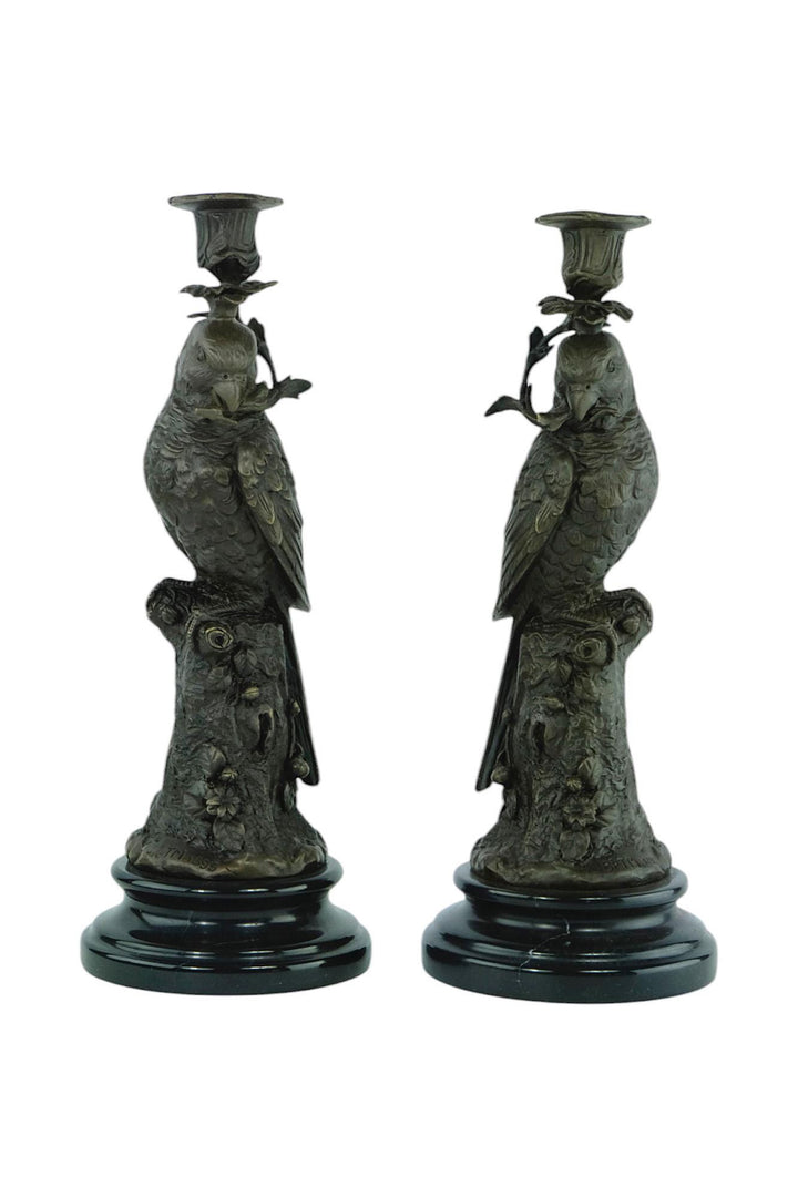 Pair of Bronze Candle Holders Depicting Two Parrots Animal Art Decoration Parrot Lovers Gift Parrot Candleholders Parrot Decoration