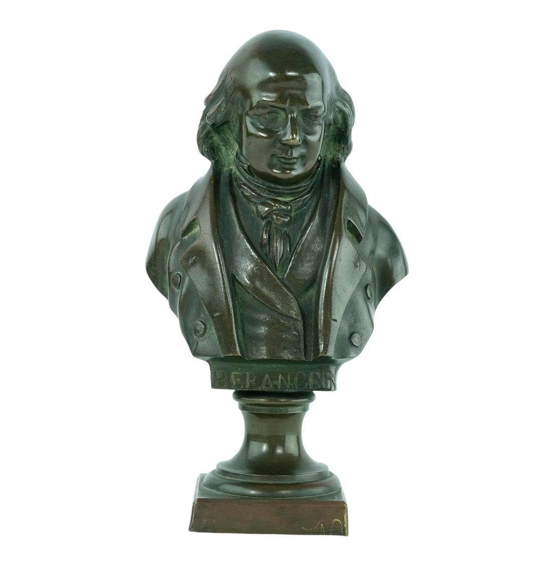 Antique Bronze Bust of Pierre-Jean de Béranger French Antique Bronze Sculpture Poet Bust Antique Decoration Bronze Sculpture of Beranger