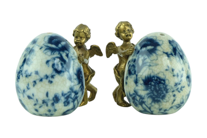 Pair of Salt and Pepper Shakers of Porcelain with Bronze Cherubs Salt and Pepper Set with Floral Decoraion Art Nouveau Style Decoration