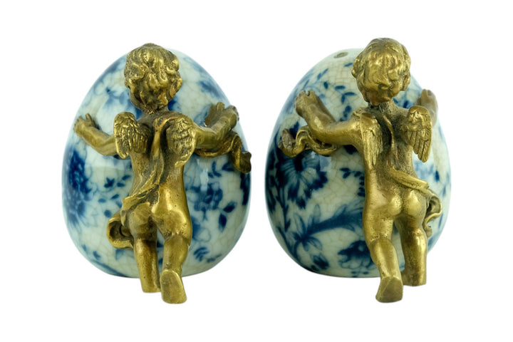 Pair of Salt and Pepper Shakers of Porcelain with Bronze Cherubs Salt and Pepper Set with Floral Decoraion Art Nouveau Style Decoration
