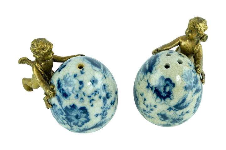 Pair of Salt and Pepper Shakers of Porcelain with Bronze Cherubs Salt and Pepper Set with Floral Decoraion Art Nouveau Style Decoration