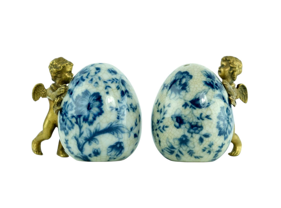 Pair of Salt and Pepper Shakers of Porcelain with Bronze Cherubs Salt and Pepper Set with Floral Decoraion Art Nouveau Style Decoration