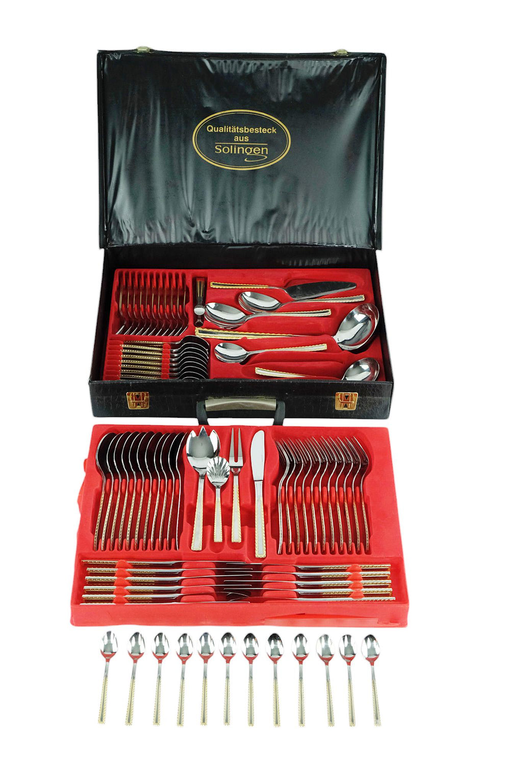 12 Persons Luxury Cutlery Set in Suitcase by SBS Solingen - 82 Pieces - 24 Carat Gold Plated Cutlery Set - German Cutlery Set by Solingen