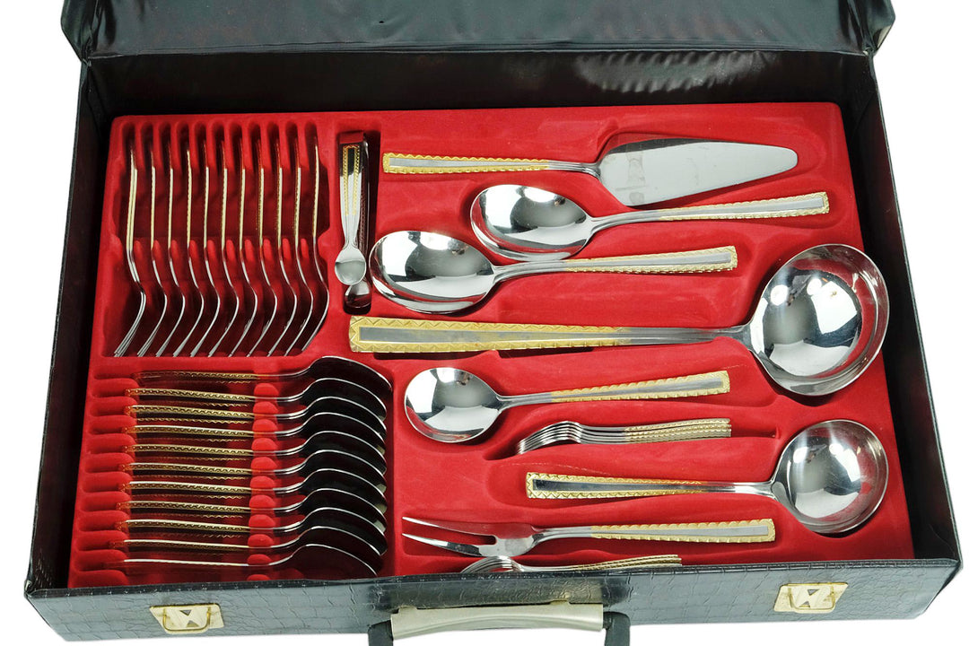 12 Persons Luxury Cutlery Set in Suitcase by SBS Solingen - 82 Pieces - 24 Carat Gold Plated Cutlery Set - German Cutlery Set by Solingen