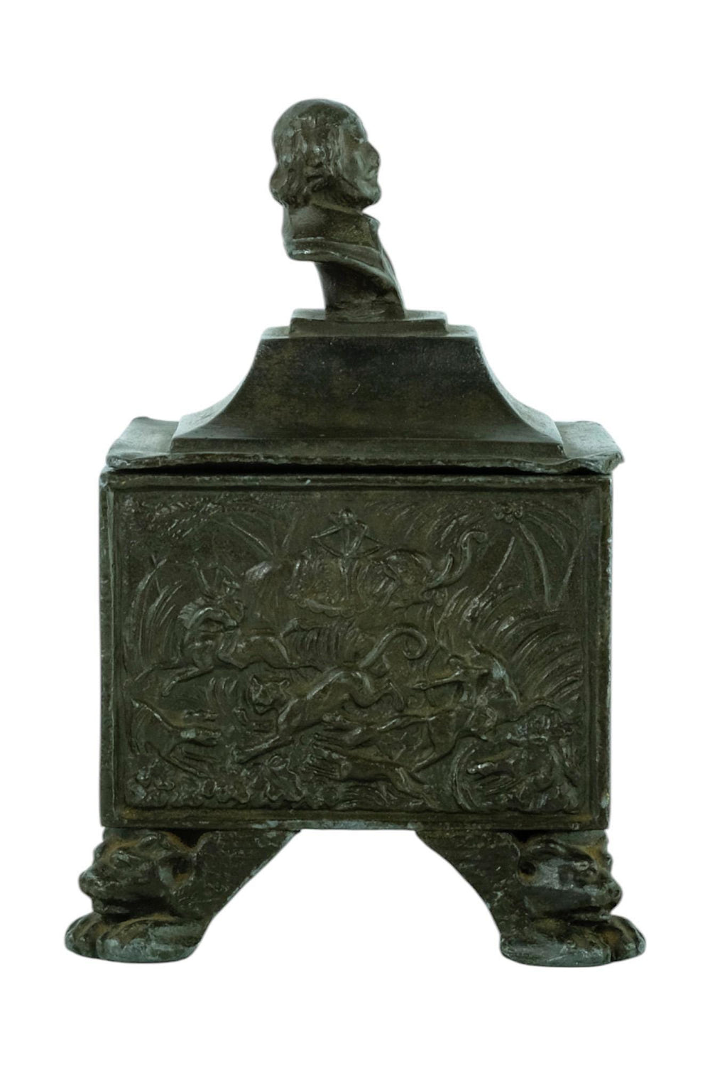 Antique Lead Tobacco Pot with Hunting Scene Decoration from England 19th Century Tobacco Jar Hunting Decoration Hunter Gift Tobacco Gift