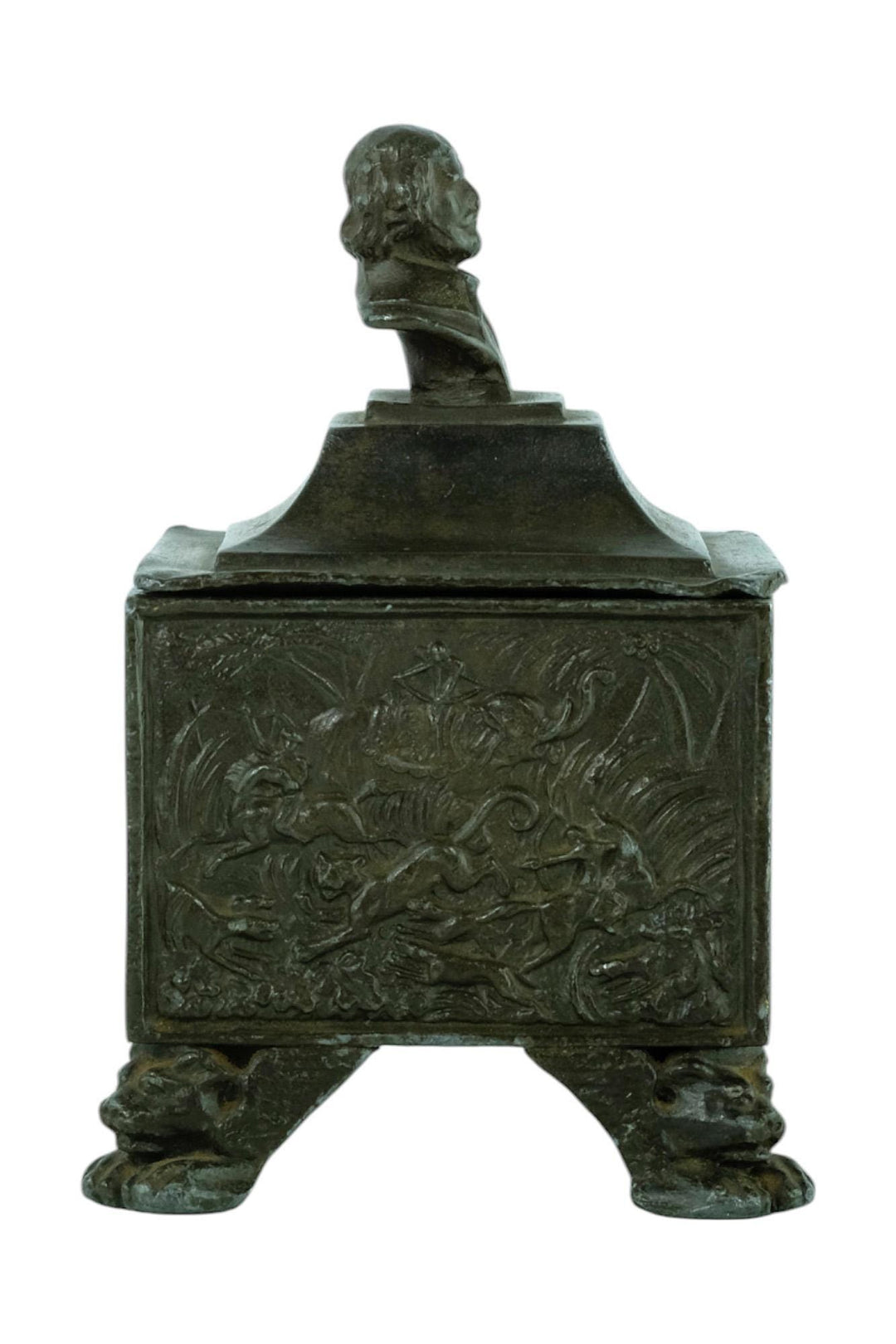 Antique Lead Tobacco Pot with Hunting Scene Decoration from England 19th Century Tobacco Jar Hunting Decoration Hunter Gift Tobacco Gift
