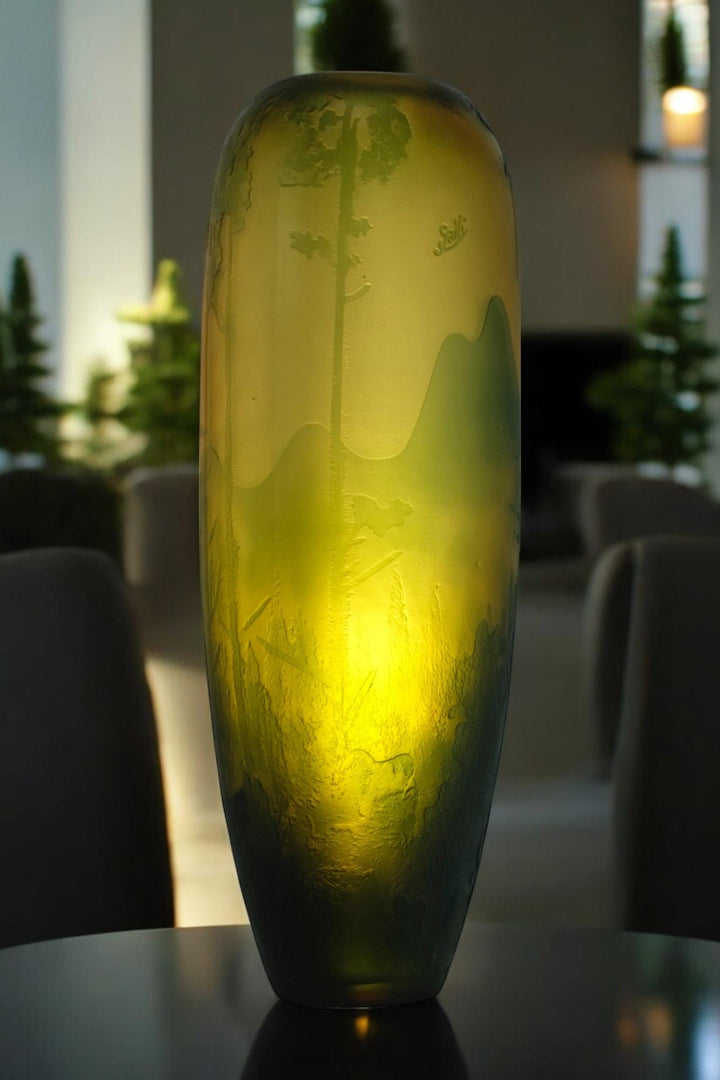 Art Nouveau style Cameo Glass Vase with Decor of Pine Trees and Mountains in the Style of Emile Galle Art Nouveau Vase Glass Galle Vase