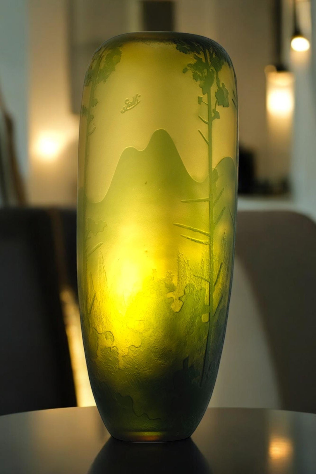 Art Nouveau style Cameo Glass Vase with Decor of Pine Trees and Mountains in the Style of Emile Galle Art Nouveau Vase Glass Galle Vase