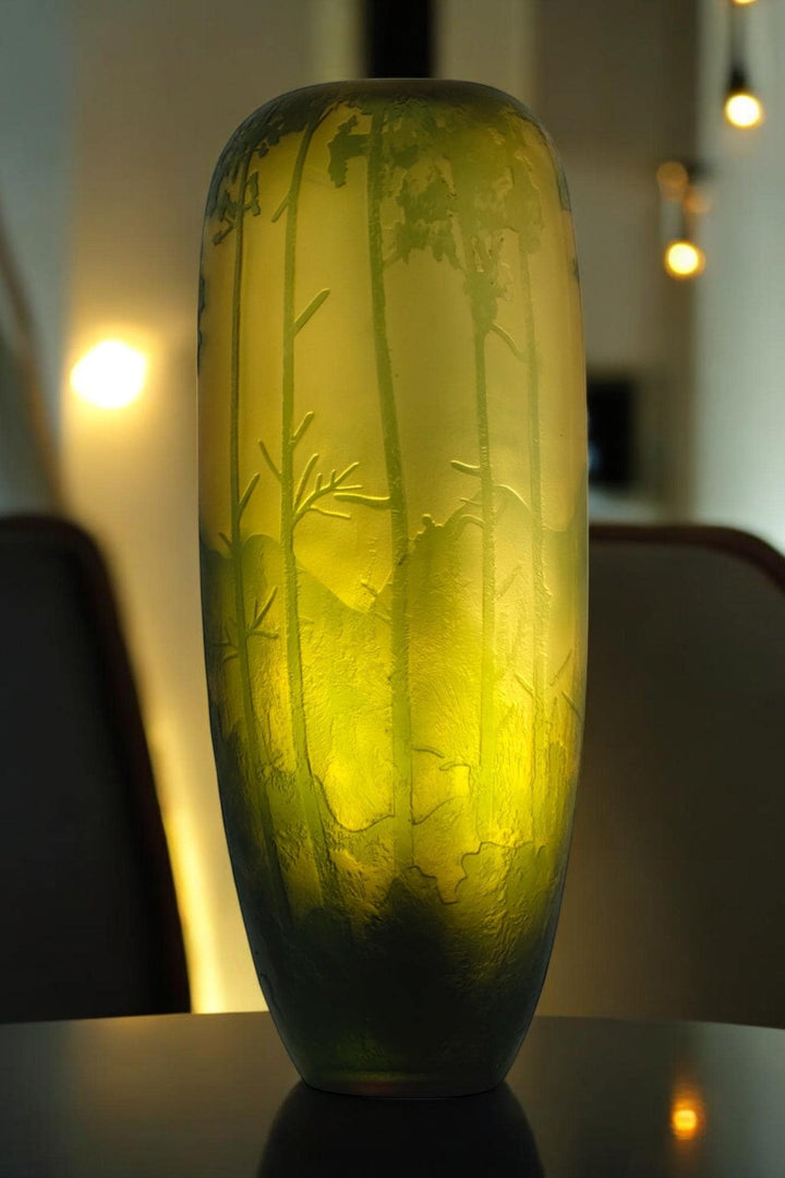 Art Nouveau style Cameo Glass Vase with Decor of Pine Trees and Mountains in the Style of Emile Galle Art Nouveau Vase Glass Galle Vase