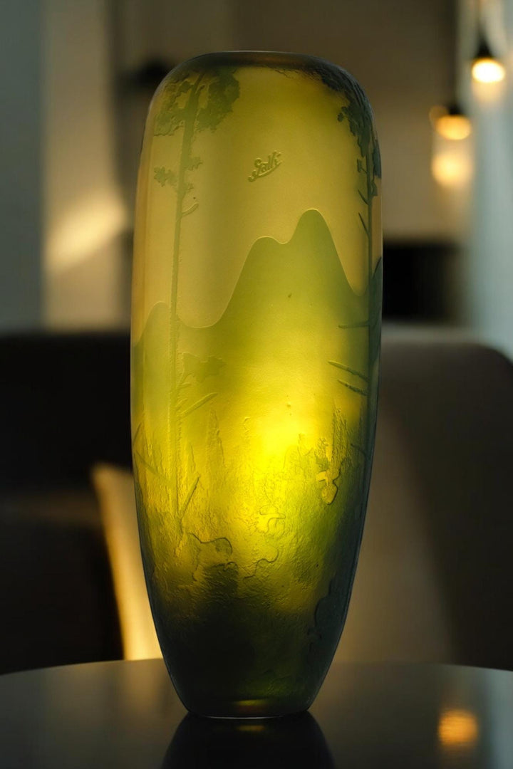 Art Nouveau style Cameo Glass Vase with Decor of Pine Trees and Mountains in the Style of Emile Galle Art Nouveau Vase Glass Galle Vase
