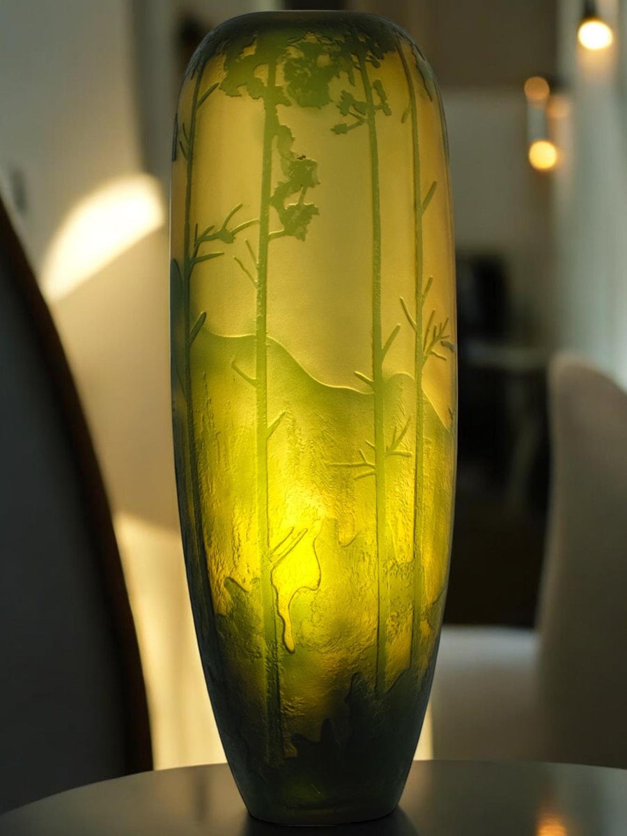 Art Nouveau style Cameo Glass Vase with Decor of Pine Trees and Mountains in the Style of Emile Galle Art Nouveau Vase Glass Galle Vase
