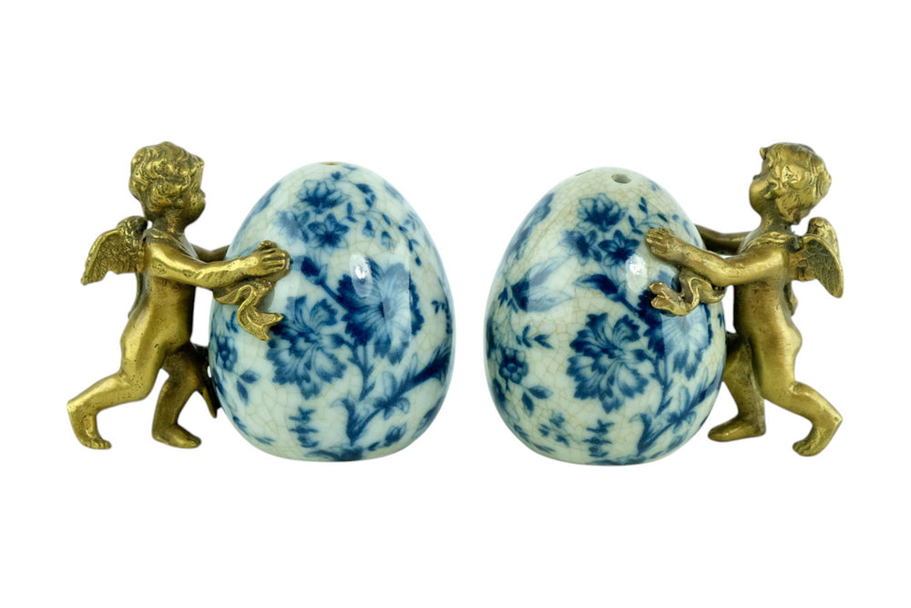 Pair of Salt and Pepper Shakers of Porcelain with Bronze Cherubs Salt and Pepper Set with Floral Decoraion Art Nouveau Style Decoration