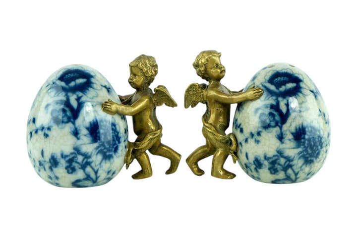 Pair of Salt and Pepper Shakers of Porcelain with Bronze Cherubs Salt and Pepper Set with Floral Decoraion Art Nouveau Style Decoration