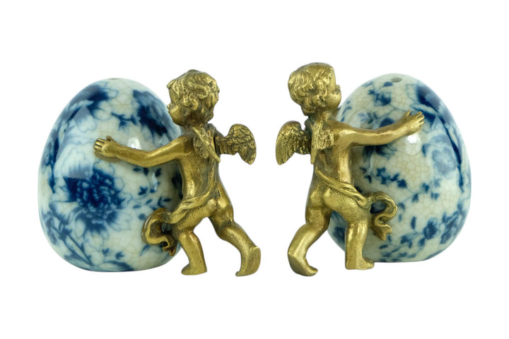 Pair of Salt and Pepper Shakers of Porcelain with Bronze Cherubs Salt and Pepper Set with Floral Decoraion Art Nouveau Style Decoration