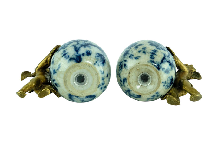 Pair of Salt and Pepper Shakers of Porcelain with Bronze Cherubs Salt and Pepper Set with Floral Decoraion Art Nouveau Style Decoration