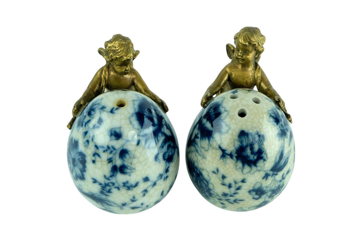 Pair of Salt and Pepper Shakers of Porcelain with Bronze Cherubs Salt and Pepper Set with Floral Decoraion Art Nouveau Style Decoration