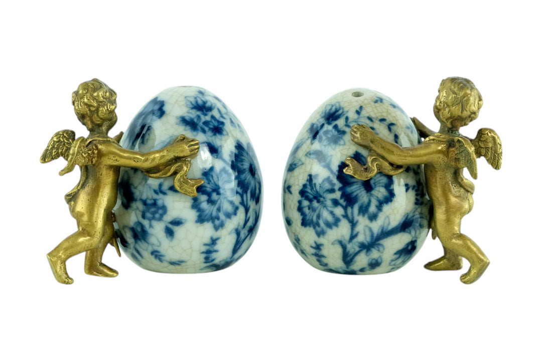 Pair of Salt and Pepper Shakers of Porcelain with Bronze Cherubs Salt and Pepper Set with Floral Decoraion Art Nouveau Style Decoration