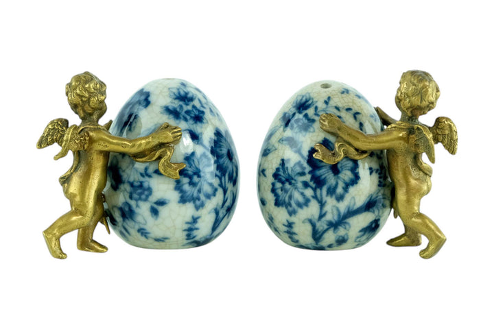 Pair of Salt and Pepper Shakers of Porcelain with Bronze Cherubs Salt and Pepper Set with Floral Decoraion Art Nouveau Style Decoration