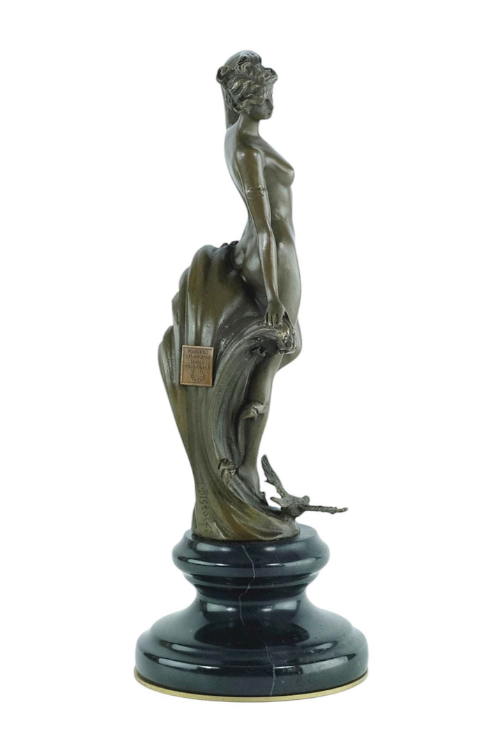 Bronze Sculpture of a Female Standing in Waves with a Bird Mythology Statue Bronze Female Sculpture Inspired by Leonardo Bistolfi Female Art