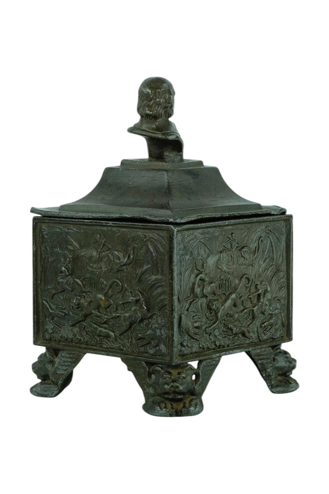 Antique Lead Tobacco Pot with Hunting Scene Decoration from England 19th Century Tobacco Jar Hunting Decoration Hunter Gift Tobacco Gift