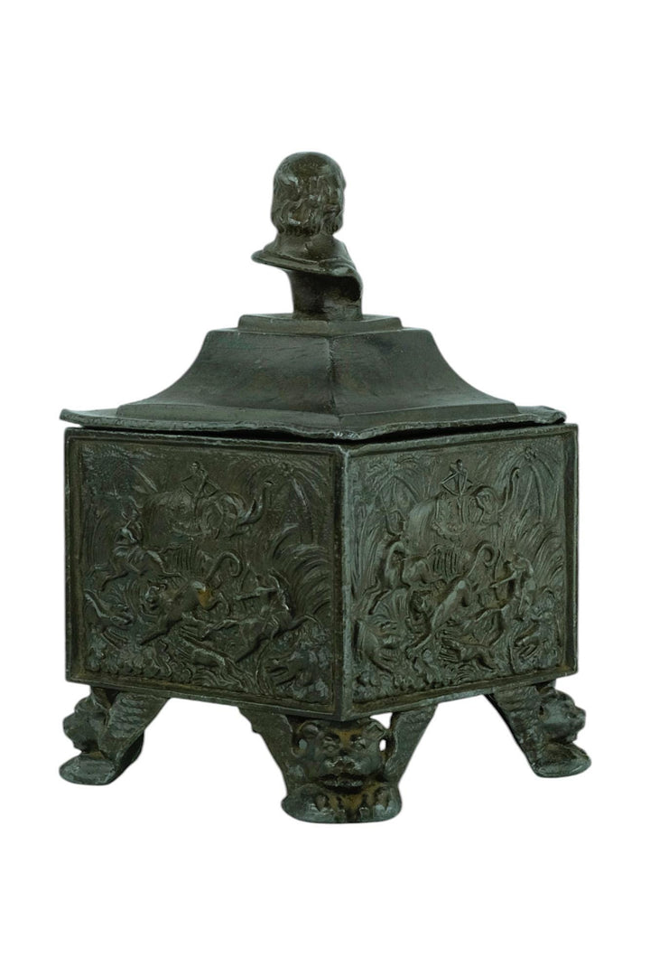 Antique Lead Tobacco Pot with Hunting Scene Decoration from England 19th Century Tobacco Jar Hunting Decoration Hunter Gift Tobacco Gift