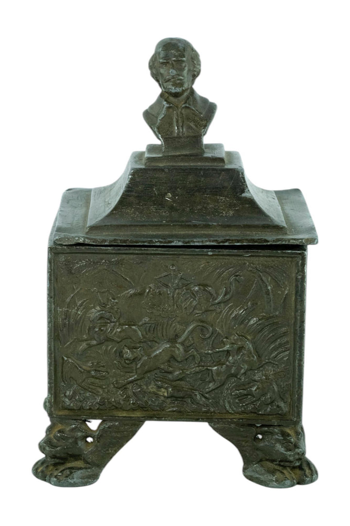 Antique Lead Tobacco Pot with Hunting Scene Decoration from England 19th Century Tobacco Jar Hunting Decoration Hunter Gift Tobacco Gift