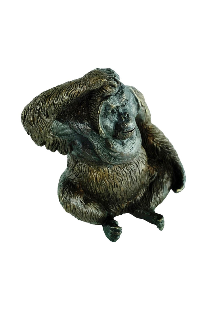 Bronze Sculpture of a Sitting Orangutan Scratching it's Head Animal Art Statue Bronze Monkey Sculpture Orangutan Decoration Wildlife Art
