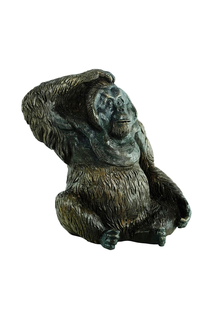 Bronze Sculpture of a Sitting Orangutan Scratching it's Head Animal Art Statue Bronze Monkey Sculpture Orangutan Decoration Wildlife Art