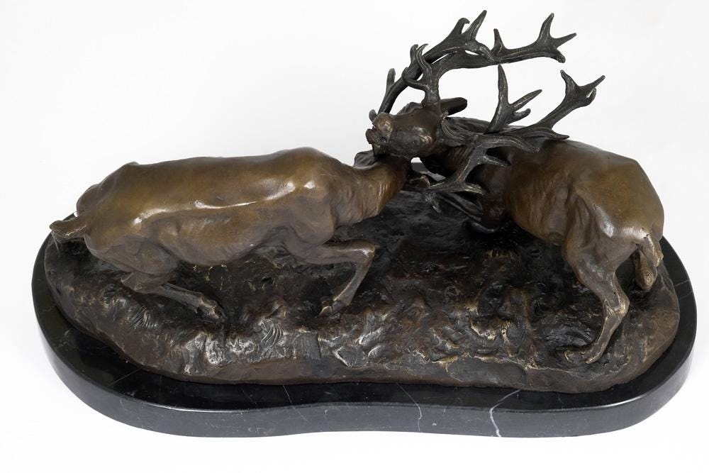 Bronze Sculpture of two Fighting Deer Animal Art Statue Bronze Deer Statue Hunting Decoration Hunting Sculpture Bronze Wildlife Sculpture