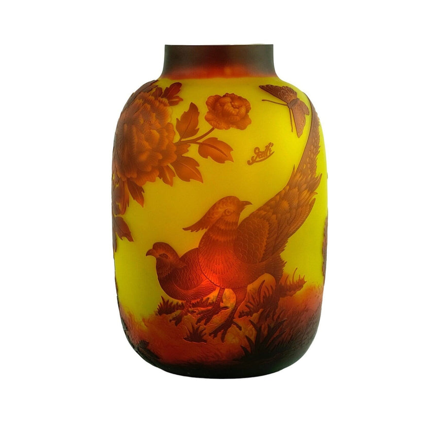 Cameo Glass Vase with Pheasant Decor in the Style of Emile Gallé Glass Art Nouveau Vase Decorative Vase Art Nouveau Decoration Art Vase